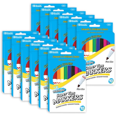 Bazic Products Washable Markers, Super Tip, 10 Per Colors Per Set, 120PK 1224